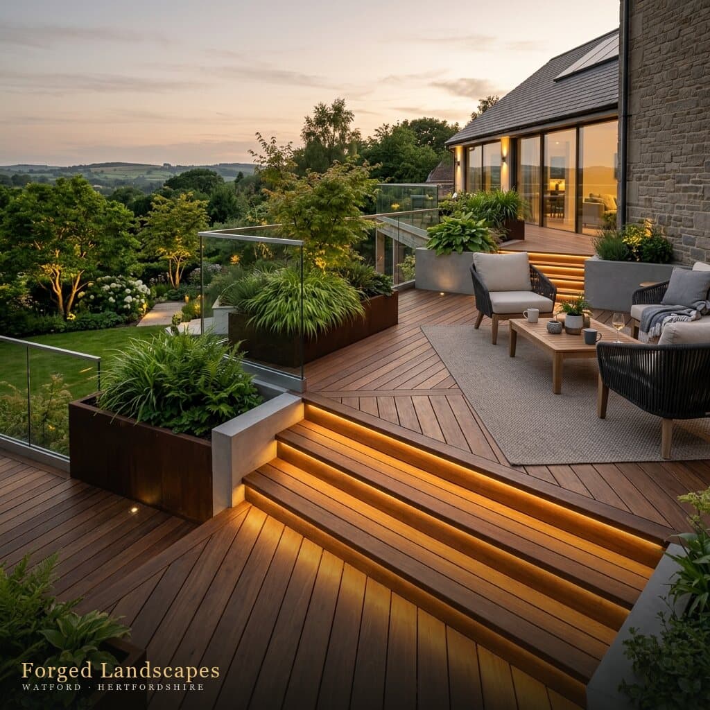 Hardwood deck with lit step risers and a lounge terrace at dusk