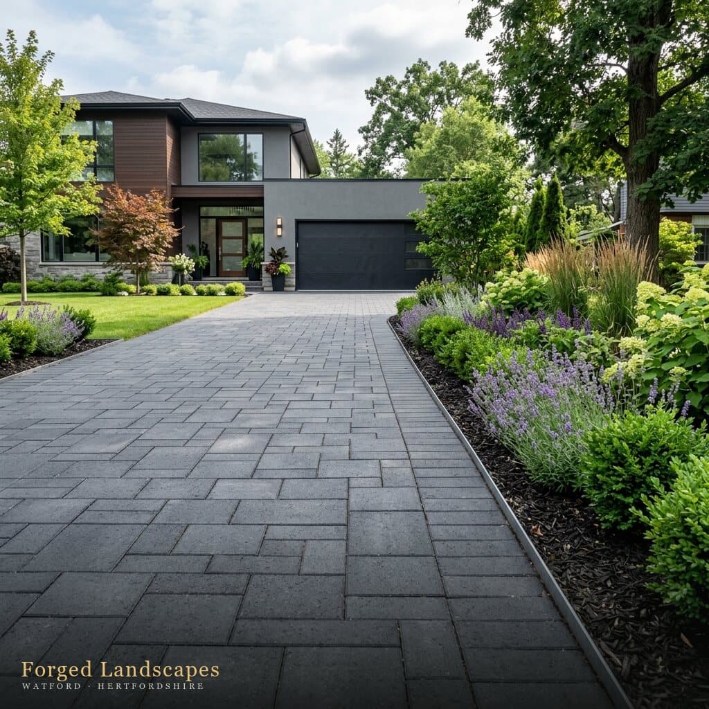 Charcoal block-paved driveway edged with lavender and planting