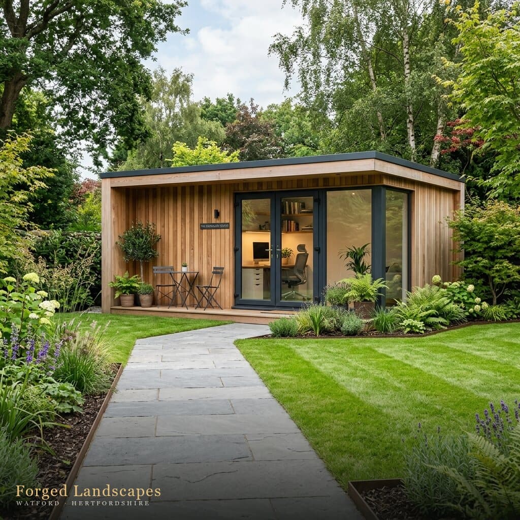 Close-mown striped lawn and stone path leading to a timber garden studio