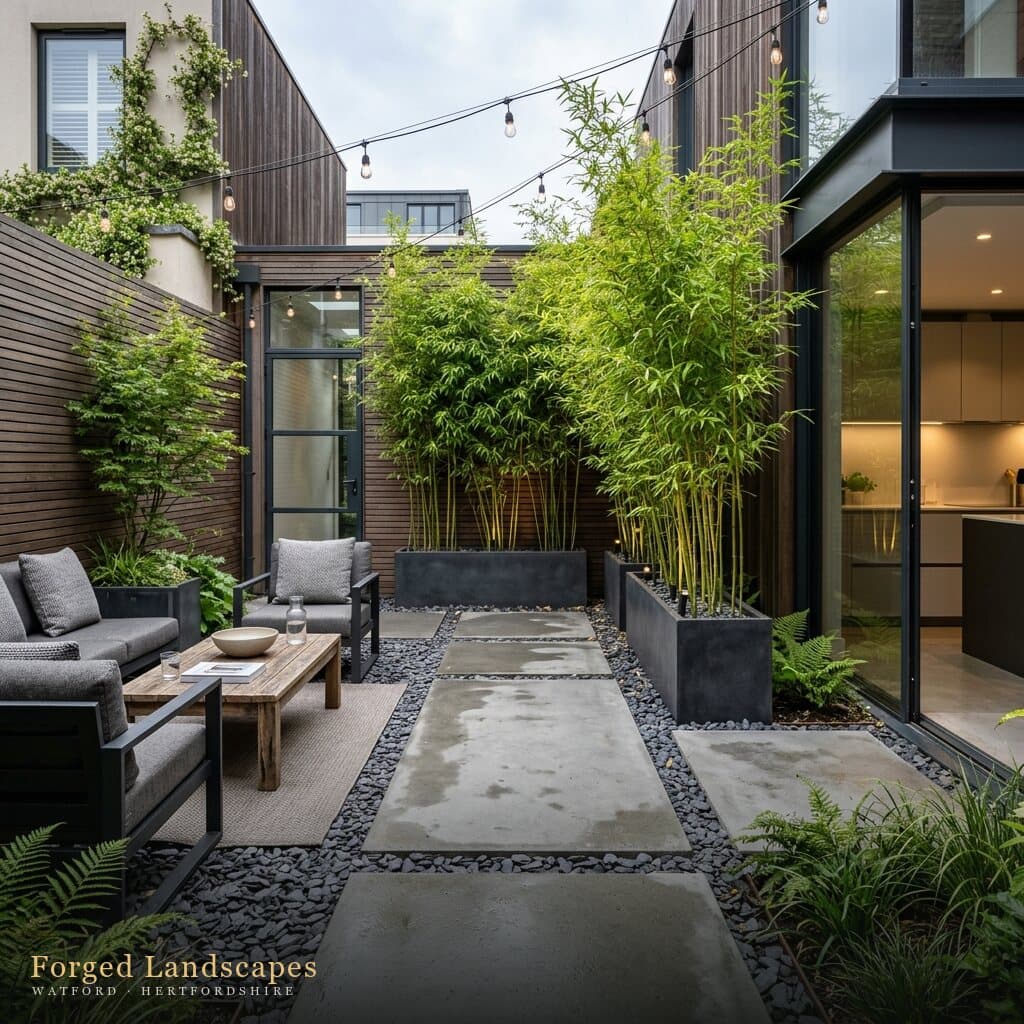 Contemporary courtyard with porcelain slabs, outdoor sofa and bamboo screening
