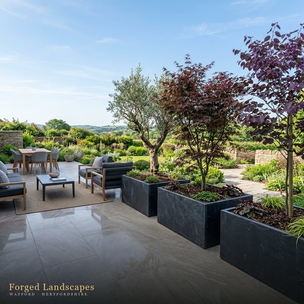 Large porcelain patio with outdoor dining and lounge seating beside layered borders