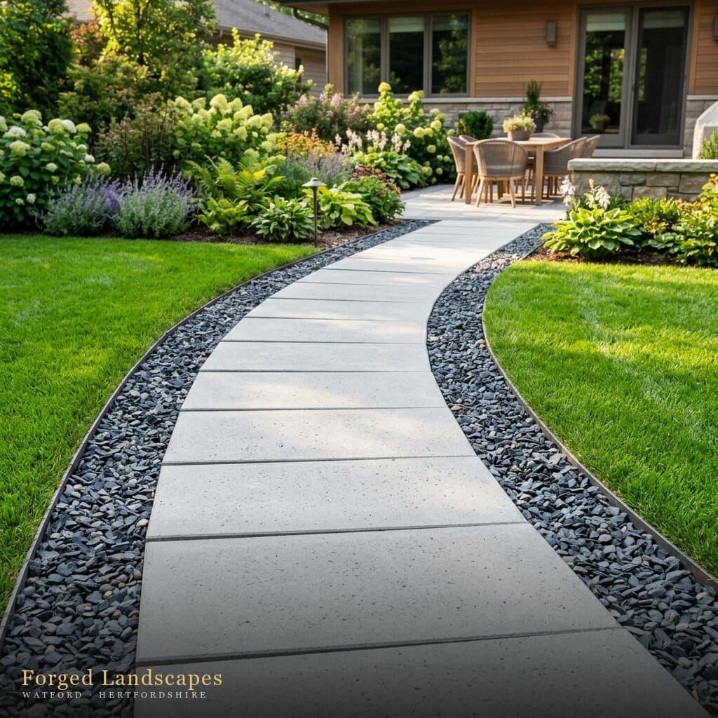Sawn-stone path with contrasting dark edging curving across a level lawn