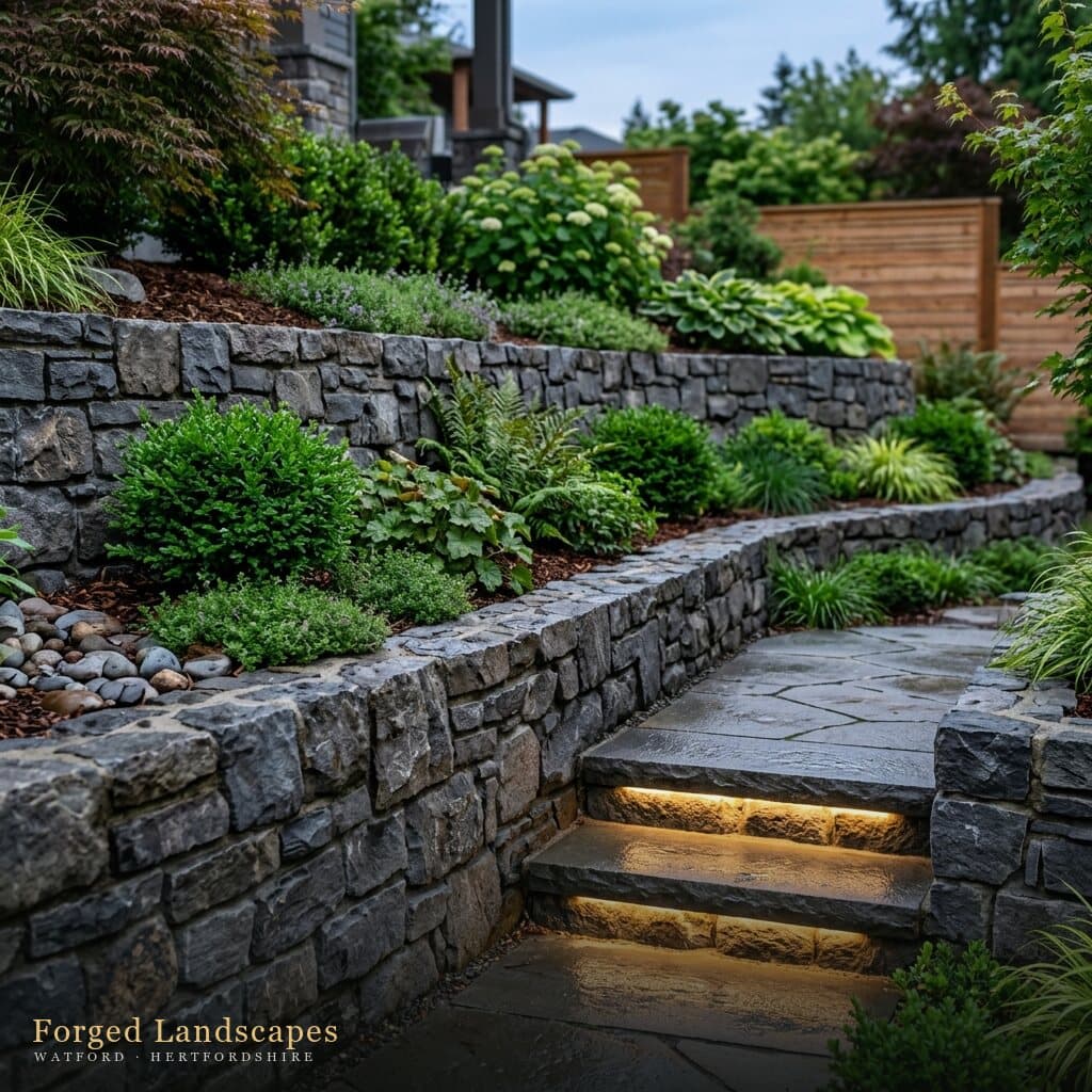 Terraced garden with natural stone retaining walls, lit steps and layered planting