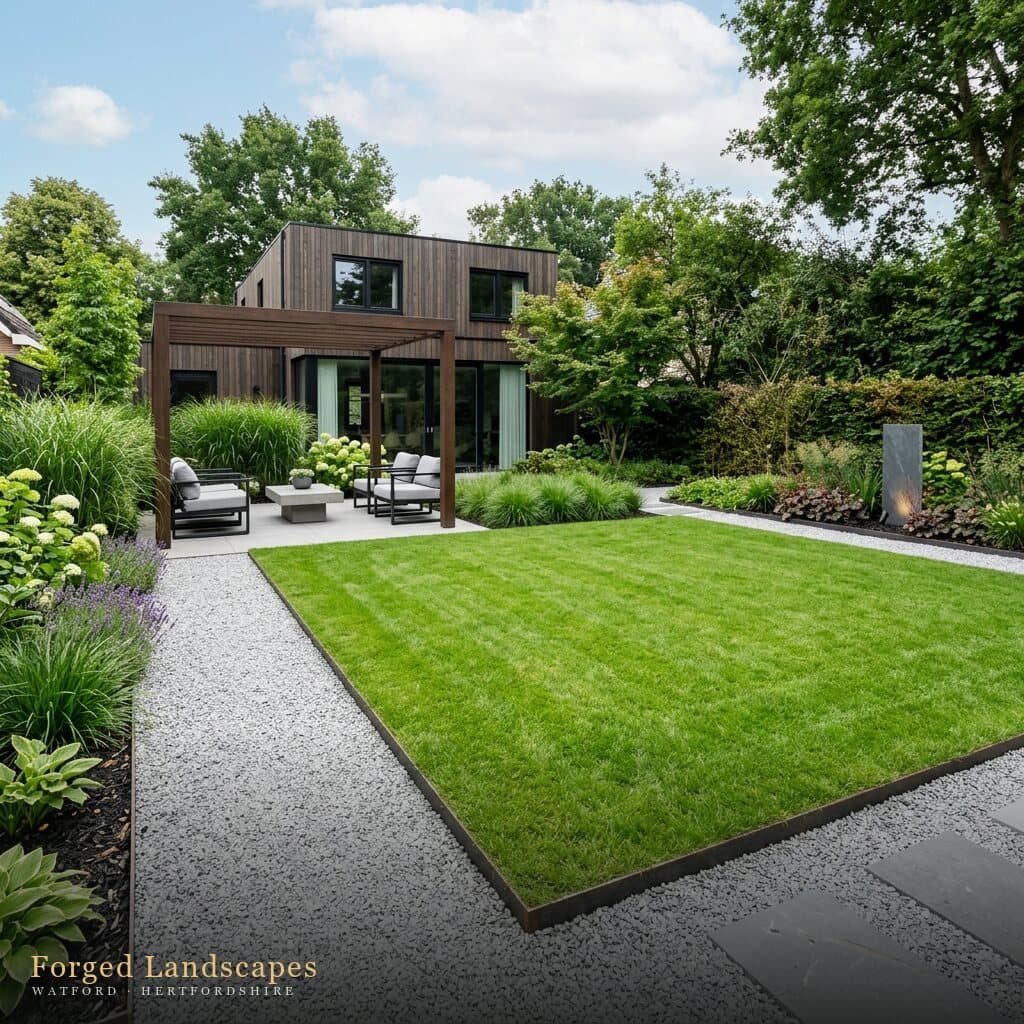 Contemporary house with a level lawn, gravel and clean architectural planting