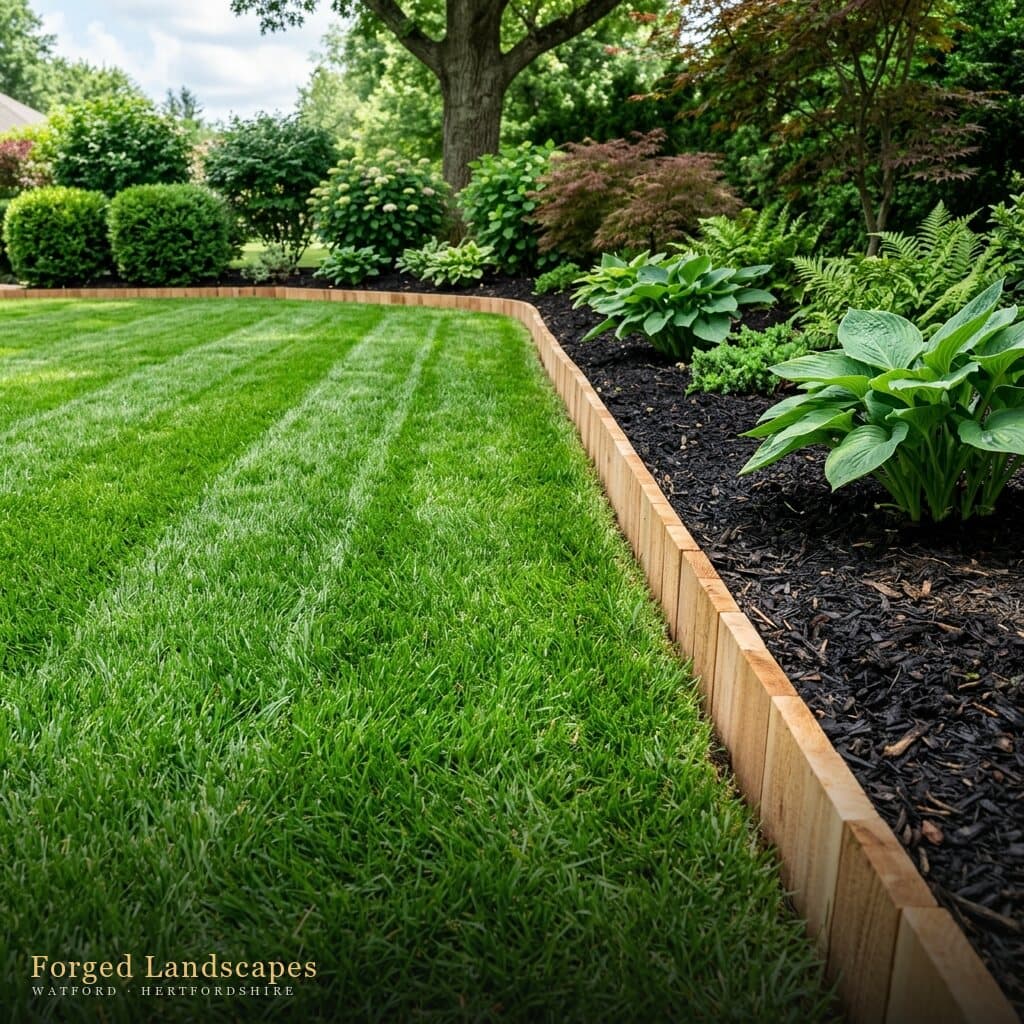 Level lawn with sleeper-edged raised borders and architectural planting